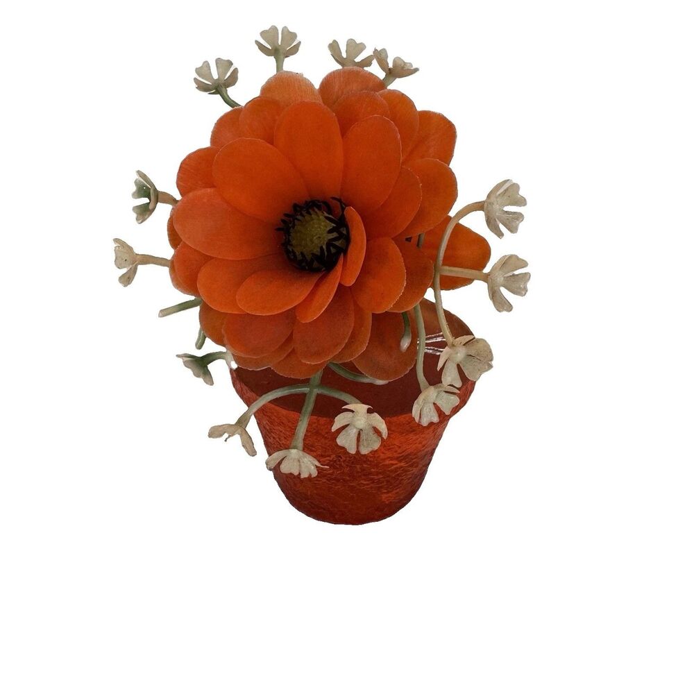 Vintage 1970s Orange Plastic Flower Arrangement Lucite Pot MCM Flower Power 5”